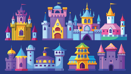 Fototapeta premium Fantasy castles in a row with colorful towers and flags during daytime with a dark blue background vector illustration