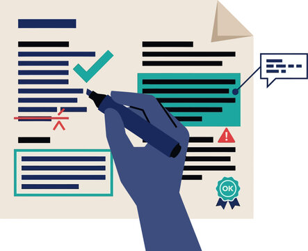 Hand uses a marker to proofread a business document with checkmarks and validation icons.