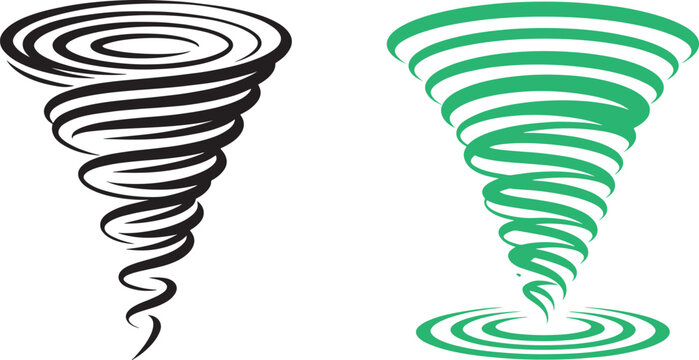 Tornado and whirlwind vector icons with stylized funnel cloud symbols for weather forecasting and environmental disaster warning