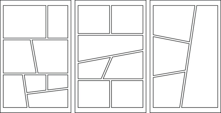 Comic book page templates, blank manga panel layouts, storyboard story frame grids, cartoon pop art line design elements