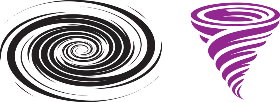 Tornado and spiral vortex vector icons with black swirl and purple funnel cloud graphics for weather and motion design