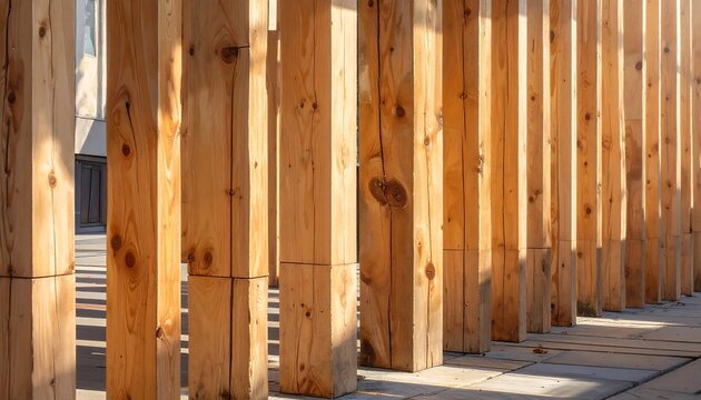 Close-up of vertical wooden posts casting long shadows. Construction detail showcases natural wood grain textures & sunlight