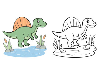 Naklejka premium Colorful vector illustration of a cute green dinosaur beside a black and white outline version for a fun coloring page