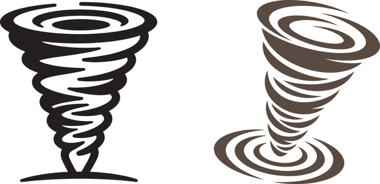 Tornado and twister vector icons with swirling funnel cloud symbols for weather forecasting and natural disaster warning