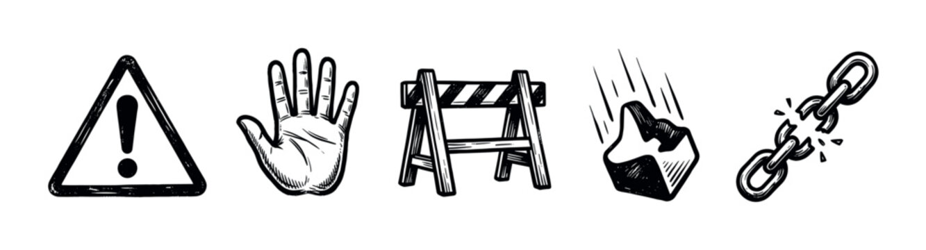 Various hand-drawn black and white icons depicting warnings, stop gestures, barriers, falling objects, and broken chains on a clean white background