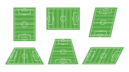 Soccer field diagram set in various perspectives. Professional football pitch layout with markings. Green grassy sports arena for tactic board, coaching strategy and match analysis. Vector © Iuliia