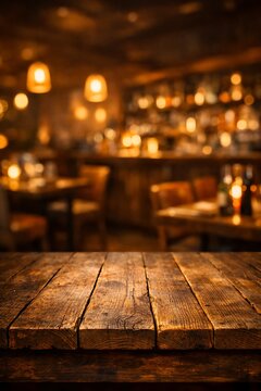 Empty wooden table in a blurry dark restaurant bar