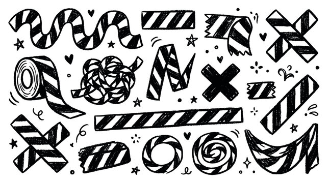 Various hand-drawn black and white striped tape elements create a playful and graphic doodle pattern on a clean white background