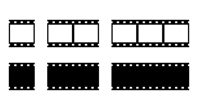 Film strip frame set with cinema negative border. Blank photography reel collection for analog movie production. Retro media recording element and vintage video editing strip design. Vector
