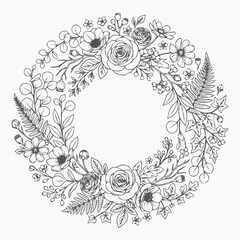 Obraz premium Delicate monochrome floral wreath composed of roses and blossoms in a circular frame.