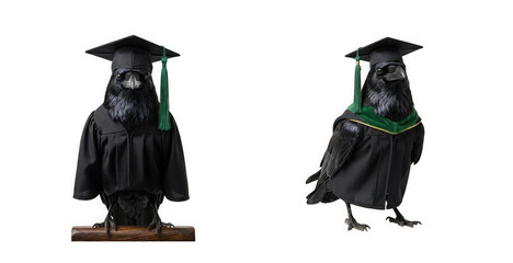 Fototapeta premium Two crows wearing academic graduation caps and gowns isolated on transparent background