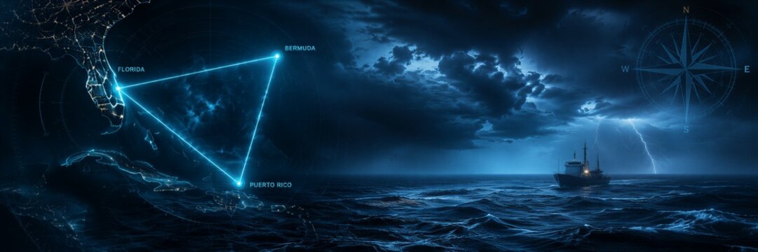 Bermuda triangle map with glowing navigation light and ship in stormy ocean. Mysterious maritime hazard and nautical legend. Paranormal conspiracy theory and oceanic phenomenon concept.