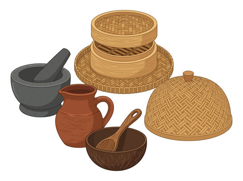 Eco-friendly kitchen set handmade pottery and bamboo weaving products.