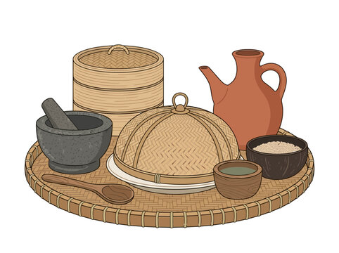 Eco-friendly kitchen set handmade pottery and bamboo weaving products.