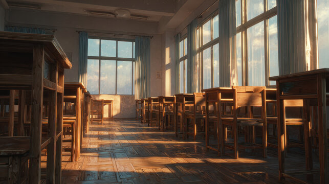 nostalgic empty classroom interior at sunset or sunrise beautiful warm sunlight streaming through large windows casting long shadows on vintage wooden desks chairs old school classroom background