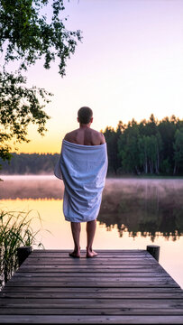 Solitary Person Wrapped in Towel Standing on Lake Dock