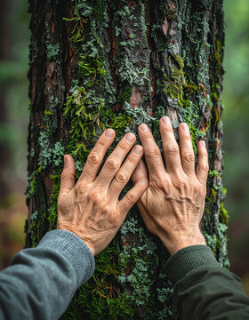 Two Hands Pressing Against Textured Spruce Tree Bark