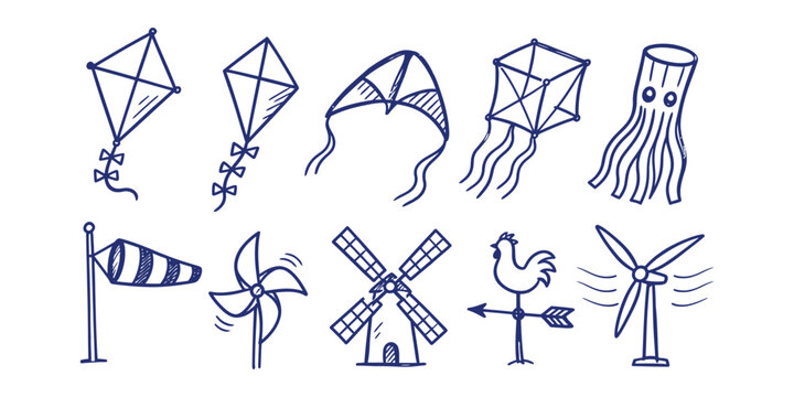 kite collection and wind power energy meteorology weather vane doodle icon set vector illustration