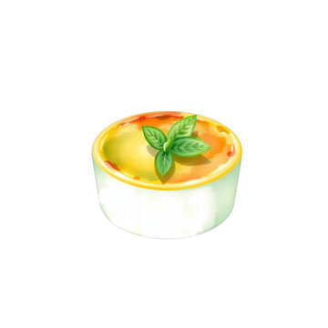 Creme brulee dessert in a ramekin with fresh basil