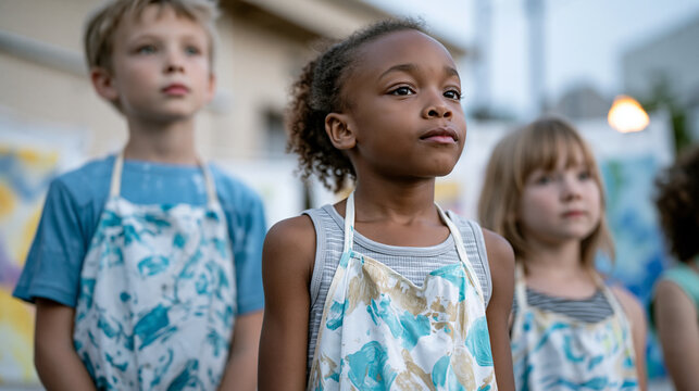 Kids wearing hand-painted aprons display their artworks at an outdoor community gallery event, twilight blue hour turning the sky deep cobalt behind their colorful canvases,