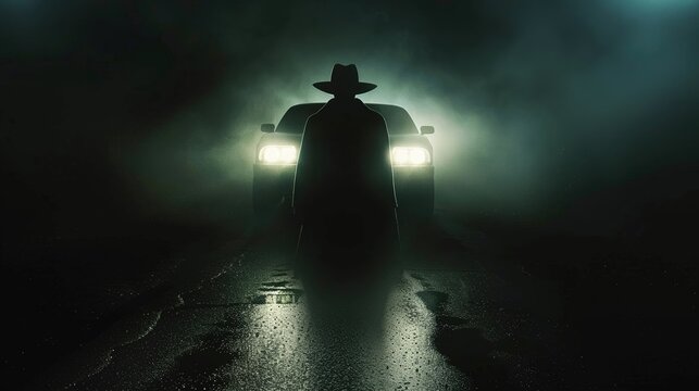 A shadowy figure emerges from a selfdriving car, its face hidden beneath a widebrimmed hat power car