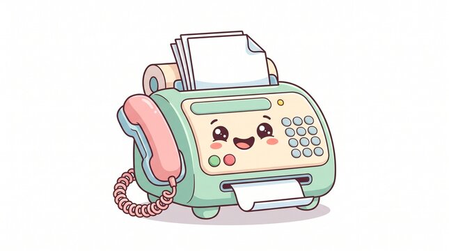 Cute kawaii character fax machine with happy face