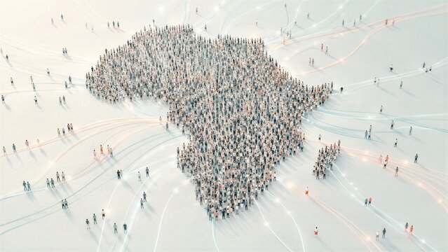 Crowd of people forming the shape of the African continent. Global interconnected human network with glowing data lines. Concept of worldwide social communication and digital connection.