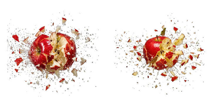 Two red apples exploding into pieces isolated on transparent background