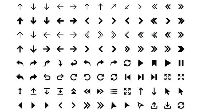 A large collection of various black arrows and pointers on a white background for design and navigation purposes in graphic illustrations.
