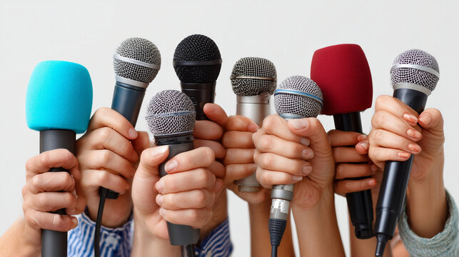  Many hands holding colorful microphones during a press conference or media interview, isolated on transparent background.
