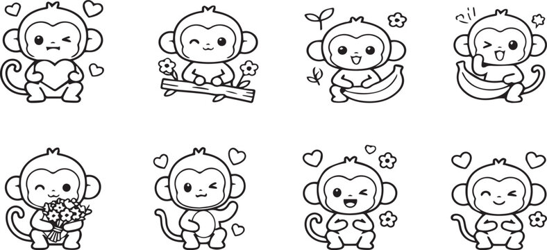 Cute monkey character sticker set, collection of adorable baby monkeys with bananas, hearts, and flowers, black and white line art vector illustration.