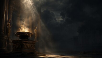 Fototapeta premium Golden altar with fire in ancient greek temple. Statue of goddess standing in dark sanctuary with light beam from above. Mythological concept of religious ritual and sacred history.