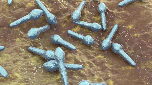 Clostridium botulinum bacterium, 3D animation showing rod-shaped anaerobic bacteria with subterminal endospores giving a tennis-racket appearance.