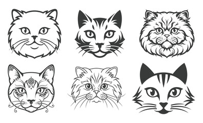 Fototapeta premium Collection of six black and white cat head illustrations in a vintage engraved style