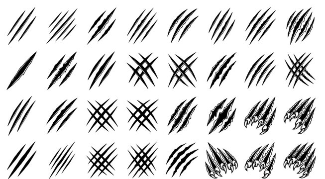 Set of wild animal claw scratch marks and slash rip effects in vector design style isolated on white background for graphic design projects