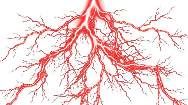 Branching red lightning bolt or human blood vessels isolated on transparent background