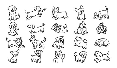 Fototapeta premium Hand drawn dog doodle icons cute puppy line art vector set