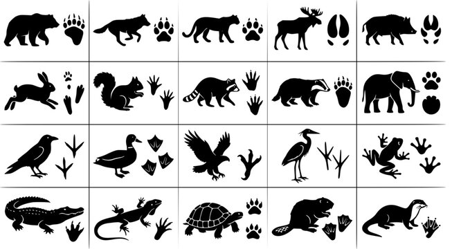 Animal tracking silhouettes featuring footprints and paw prints for identification