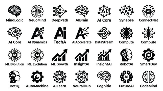 Collection of modern vector graphic logos and icons representing artificial intelligence concepts and technology companies with brain and circuit designs in black on a white background illustration.
