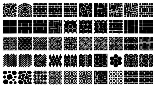 Large library of paving stone and brick floor patterns in black silhouette vector format for architectural design and texture mapping