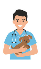 Obraz premium A cheerful professional veterinarian cradling a small brown puppy with floppy ears, isolated on white, pet health care concept