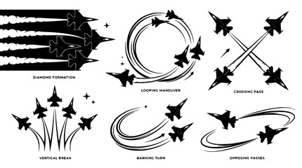Military fighter jet airshow maneuvers vector silhouettes set featuring diamond formation crossing pass loop vertical break contrails graphic © Kulsum