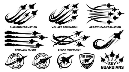 Airshow military fighter jet flight formations and badges vector silhouettes set featuring diamond arrowhead parallel and break formation graphics © Kulsum
