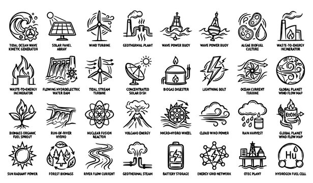 Alternative energy sources and natural force outline icons collection bio power line art vector