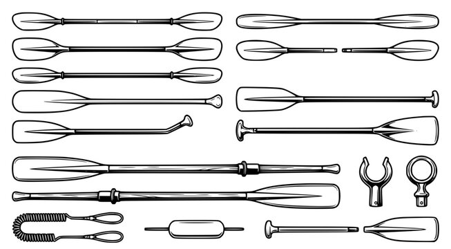 Set of various rowing paddles and boating oars with mounting hardware for water sports and marine equipment design