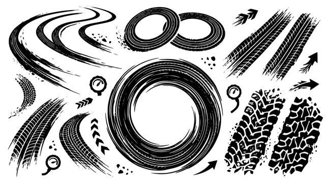 Detailed tire track textures vector set featuring aggressive drift marks burnout circles off road treads and speedometer elements
