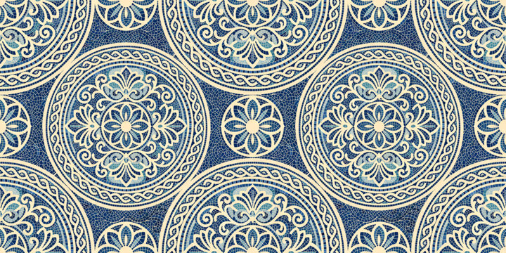 Greek mosaic pattern with circular stone tiles and ancient wave motifs. Mediterranean floor design featuring traditional cobblestone texture and seamless Roman borders.