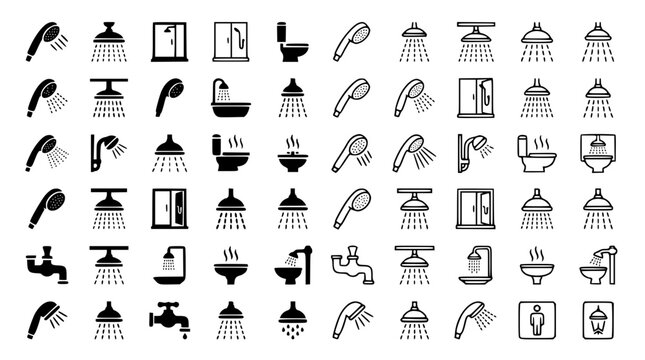  Large bathroom and plumbing icon set featuring shower heads toilets faucets bathtubs and wash basins line glyph vector