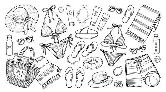 Sketch summer holiday accessories collection featuring swimwear beach bag sunscreen camera shorts and tropical travel line art graphics