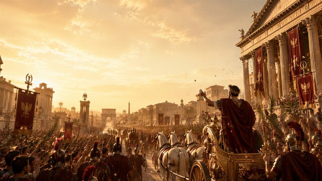 Roman emperor standing in golden chariot during triumphal parade in ancient Rome. Victorious leader waving to cheering crowd and soldiers. Historical city architecture, glory and power.